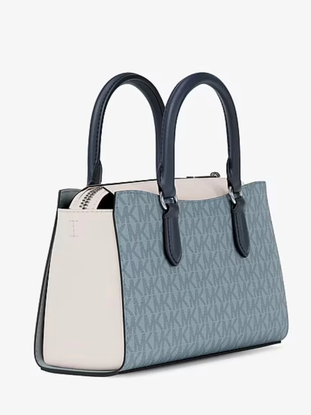 Michael Kors Light Blue Signature Satchel Crossbody with Navy Trim